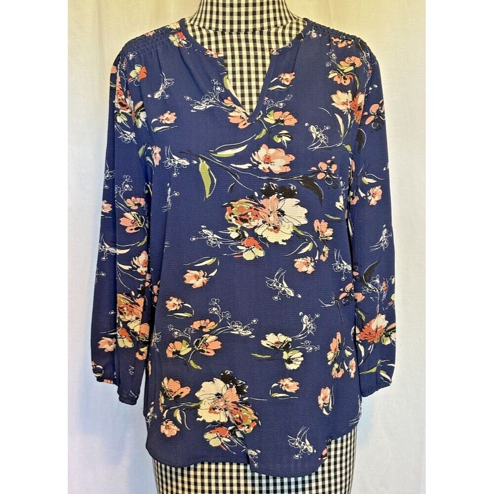fun2fun Anthropologie Blouse Women's XS Blue Floral Print Boho Top 3/4 Sleeve